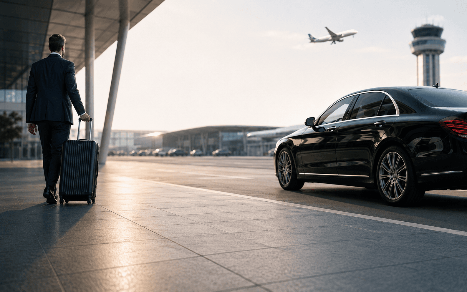 Chauffeur professionnel accueillant des voyageurs à l'aéroport près d'un véhicule premium