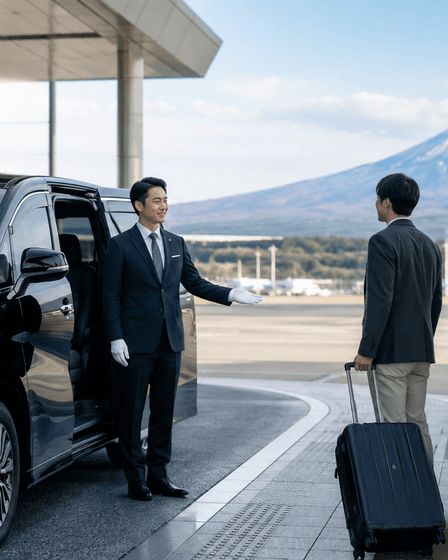 Chauffeur professionnel accueillant un voyageur près d'une voiture premium à l'aéroport